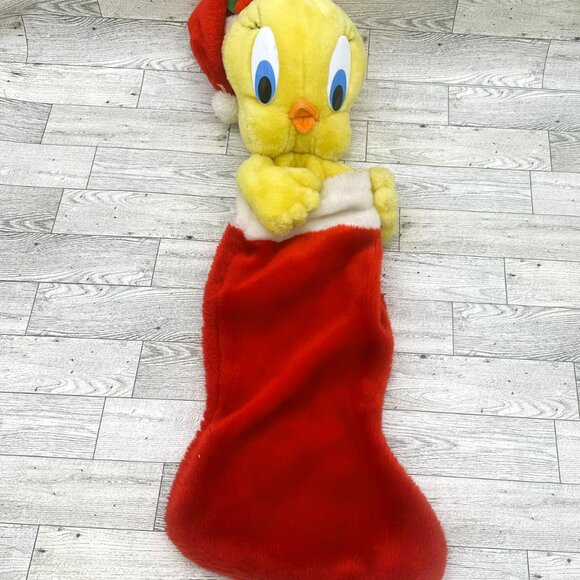 1991 Warner Brothers Tweety Bird 3-D Plush Christmas Stocking w/ Santa Hat - Picture 1 of 9